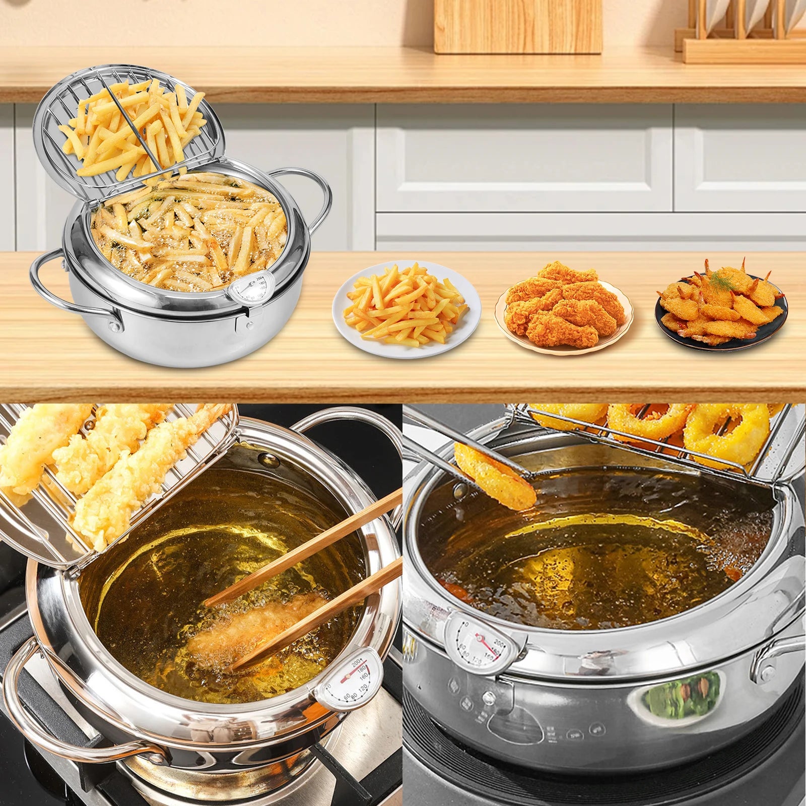 Deep Fryer Pot with Strainer Basket and Thermometer Stainless Steel Frying Pan for Frying Fries Fish Shrimp Chicken Cooking Tool