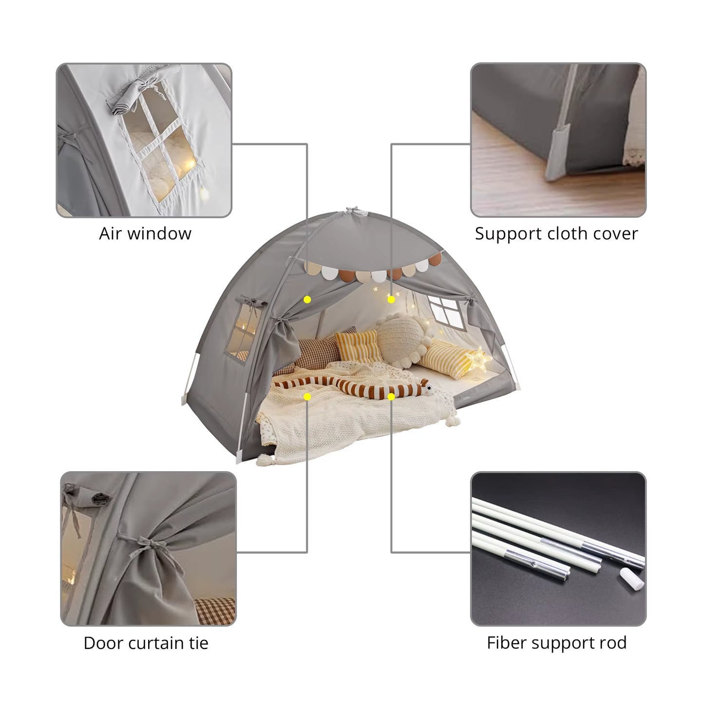 Portable Breathable Kids Bed Tent with Blackout & Dream Features for Baby Crib Mosquito Net Drafty Room in Black Color