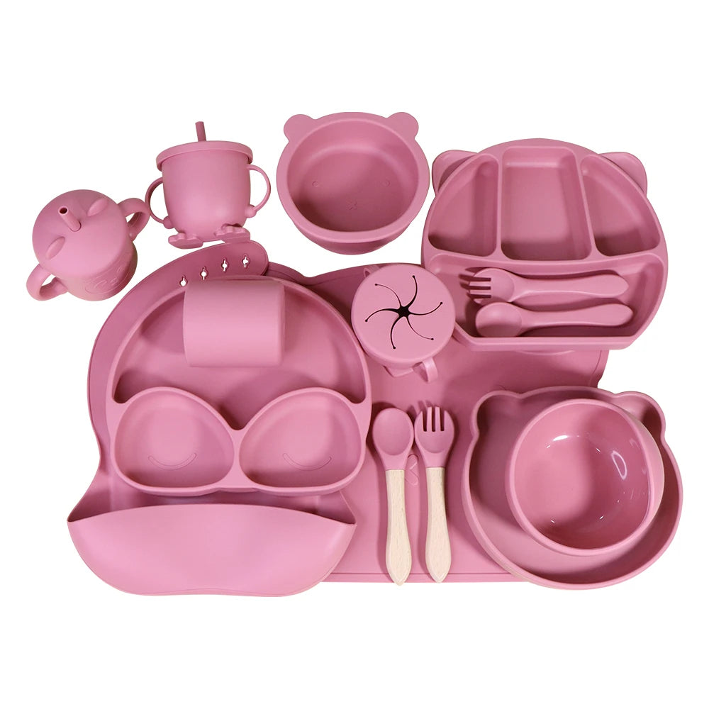Kids Weaning Products Silicone Tableware Plate Bowl Spoon Fork Bebes Dishe Baby Feeding Sets Supplies for Reborn Baby