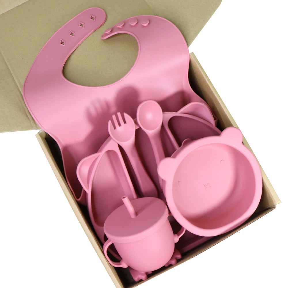 Kids Weaning Products Silicone Tableware Plate Bowl Spoon Fork Bebes Dishe Baby Feeding Sets Supplies for Reborn Baby