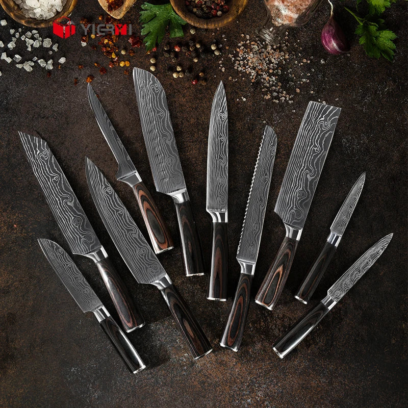 8Pcs Kitchen Chef Knives Set 8 Inch Japanese Style Stainless Steel Damascus Laser Pattern Slicing Santoku Knife