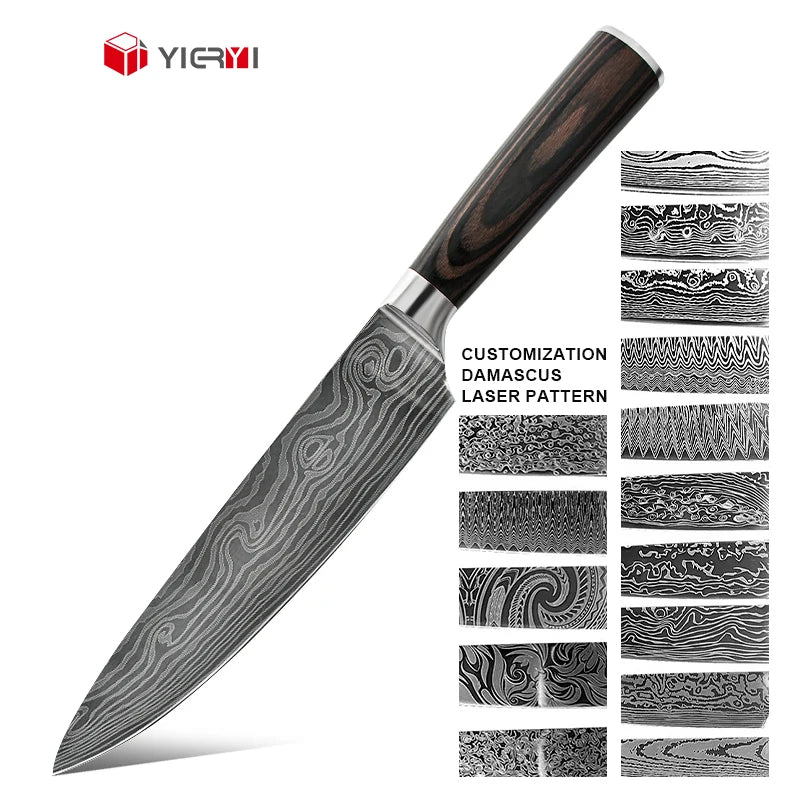 8Pcs Kitchen Chef Knives Set 8 Inch Japanese Style Stainless Steel Damascus Laser Pattern Slicing Santoku Knife