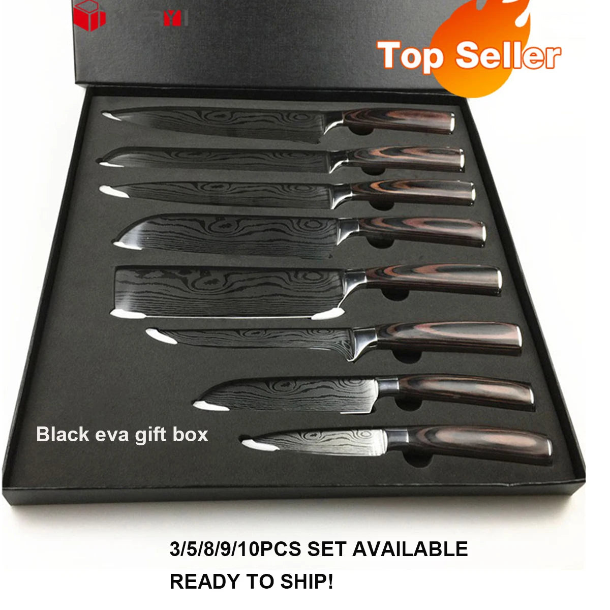 8Pcs Kitchen Chef Knives Set 8 Inch Japanese Style Stainless Steel Damascus Laser Pattern Slicing Santoku Knife