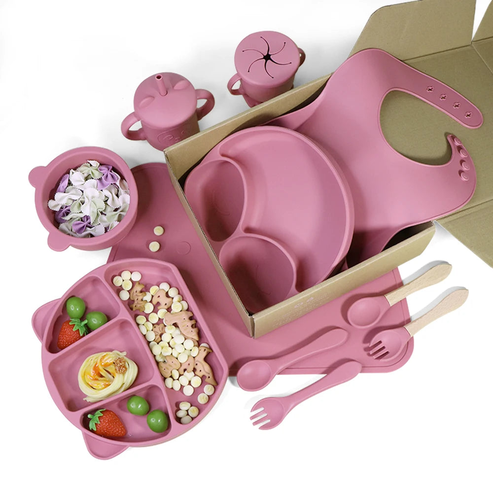 Kids Weaning Products Silicone Tableware Plate Bowl Spoon Fork Bebes Dishe Baby Feeding Sets Supplies for Reborn Baby