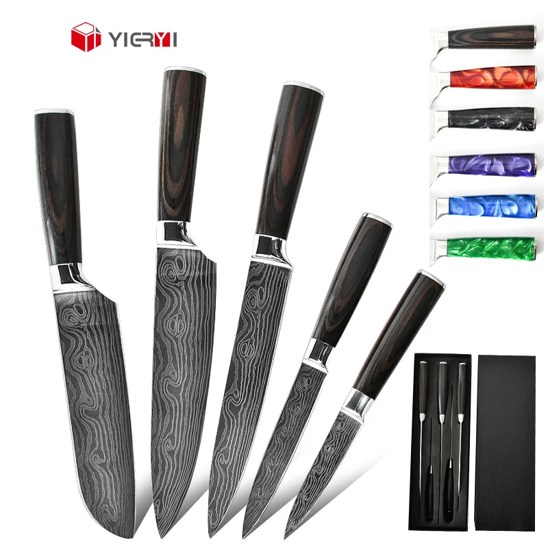8Pcs Kitchen Chef Knives Set 8 Inch Japanese Style Stainless Steel Damascus Laser Pattern Slicing Santoku Knife