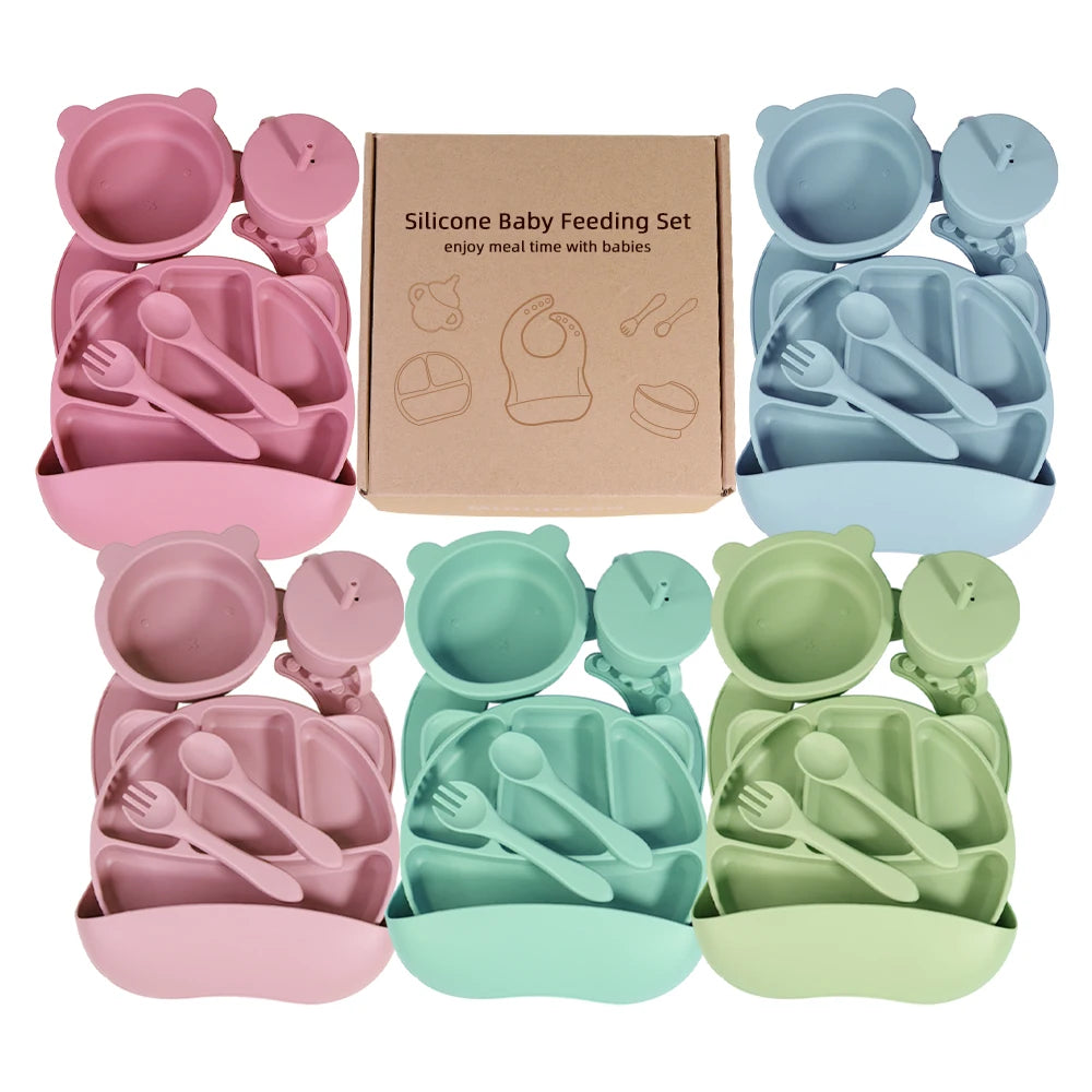 Kids Weaning Products Silicone Tableware Plate Bowl Spoon Fork Bebes Dishe Baby Feeding Sets Supplies for Reborn Baby