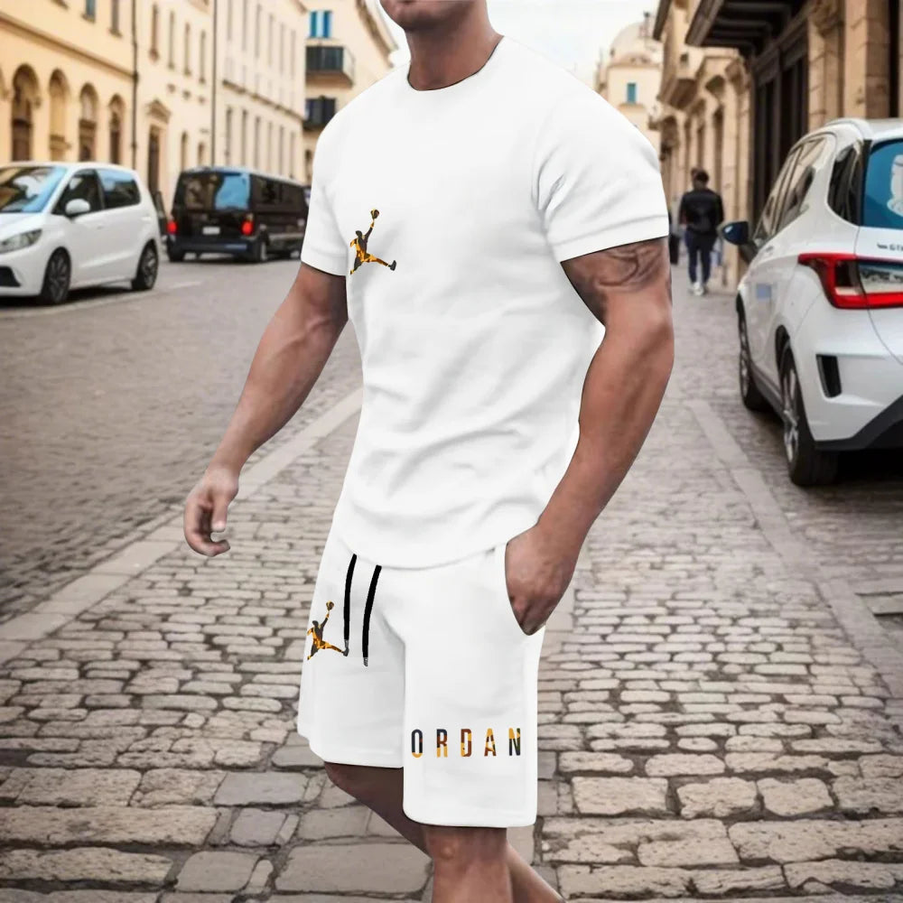 New Men'S Fashionable Casual Clothing Summer Sports round Neck Short-Sleeved T-Shirt and Drawstring Shorts Breathable Suit