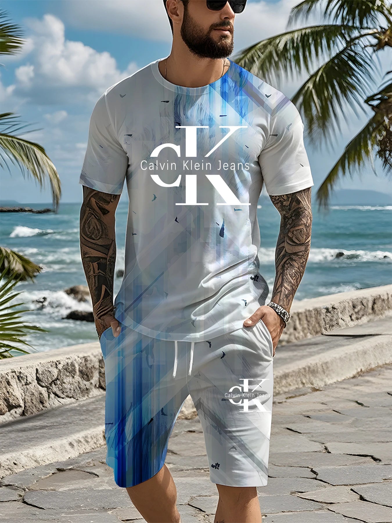 2025 Summer New Outdoor Leisure Comfortable Soft Breathable Lightweight round Neck Men'S T-Shirt Shorts Set