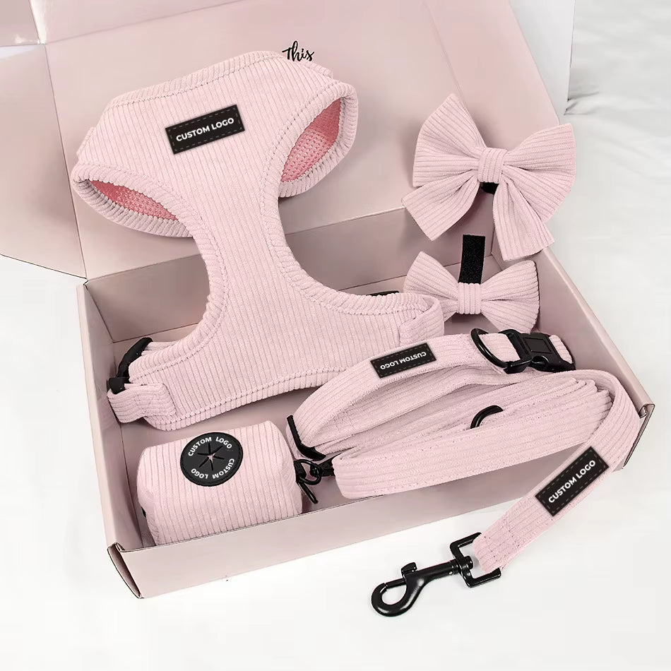 Puppy Accessories Pink Corduroy Velvet Dog Harness Custom Rubber Logo with Pet Leashes Collars Kit