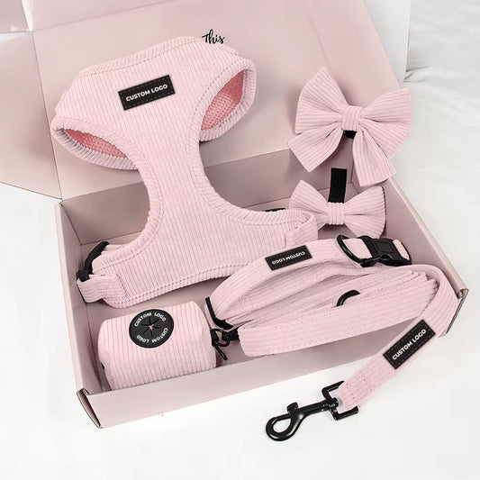 Puppy Accessories Pink Corduroy Velvet Dog Harness Custom Rubber Logo with Pet Leashes Collars Kit