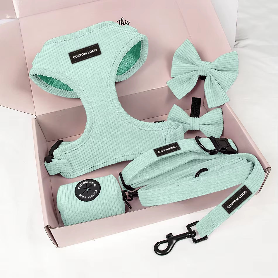 Puppy Accessories Pink Corduroy Velvet Dog Harness Custom Rubber Logo with Pet Leashes Collars Kit