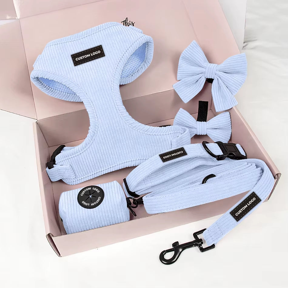 Puppy Accessories Pink Corduroy Velvet Dog Harness Custom Rubber Logo with Pet Leashes Collars Kit