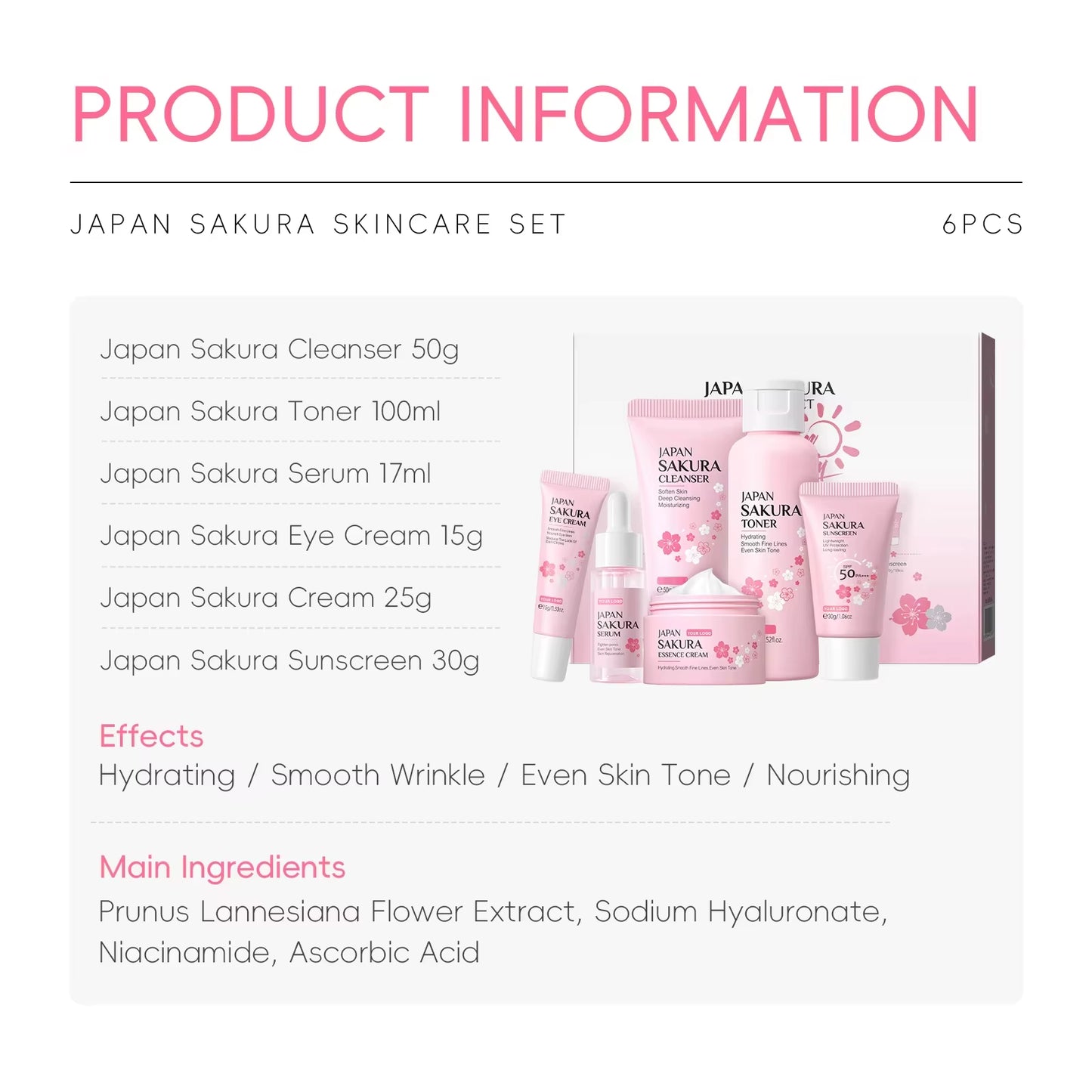 Wholesale Japan Sakura Skin Care Products Vegan Skin Care Set 6Pcs Hydrating Anti-Aging Brightening Repairing Set