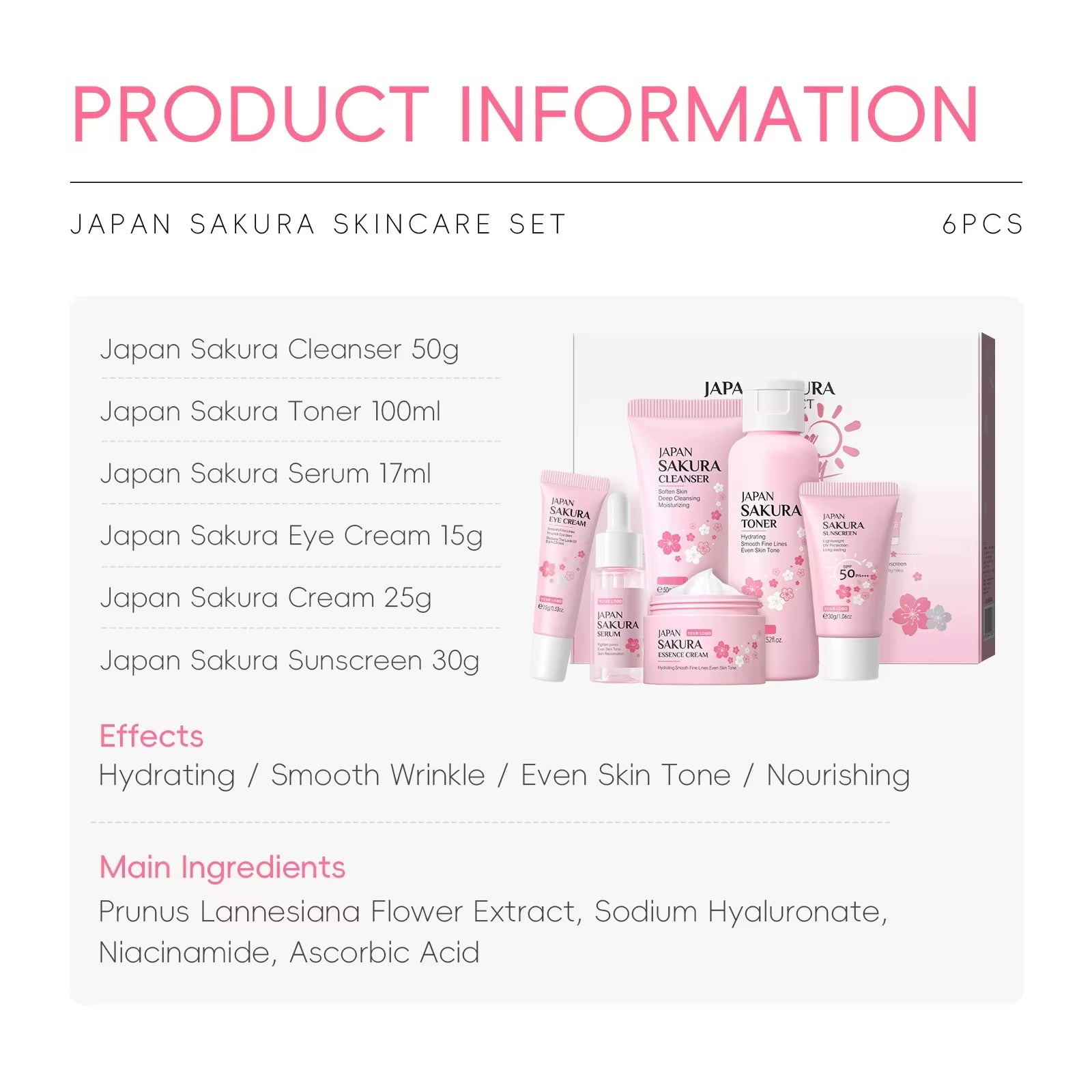 Wholesale Japan Sakura Skin Care Products Vegan Skin Care Set 6Pcs Hydrating Anti-Aging Brightening Repairing Set