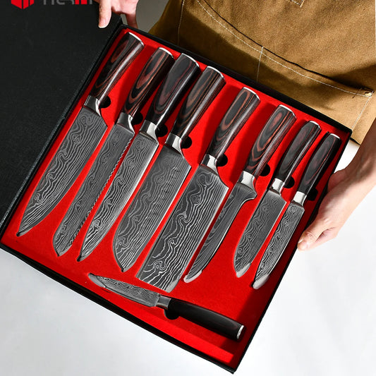 8Pcs Kitchen Chef Knives Set 8 Inch Japanese Style Stainless Steel Damascus Laser Pattern Slicing Santoku Knife