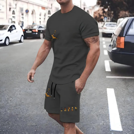New Men'S Fashionable Casual Clothing Summer Sports round Neck Short-Sleeved T-Shirt and Drawstring Shorts Breathable Suit