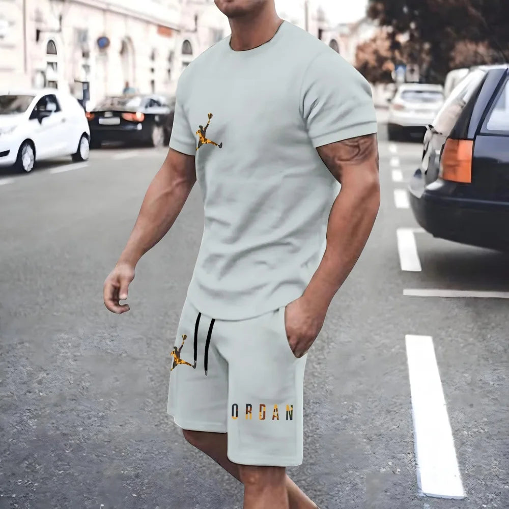 New Men'S Fashionable Casual Clothing Summer Sports round Neck Short-Sleeved T-Shirt and Drawstring Shorts Breathable Suit