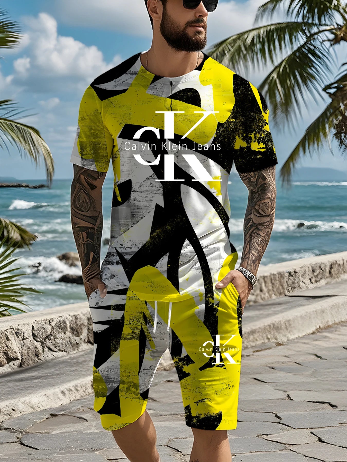 2025 Summer New Outdoor Leisure Comfortable Soft Breathable Lightweight round Neck Men'S T-Shirt Shorts Set