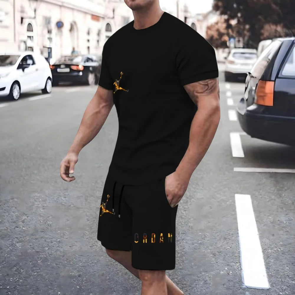 New Men'S Fashionable Casual Clothing Summer Sports round Neck Short-Sleeved T-Shirt and Drawstring Shorts Breathable Suit