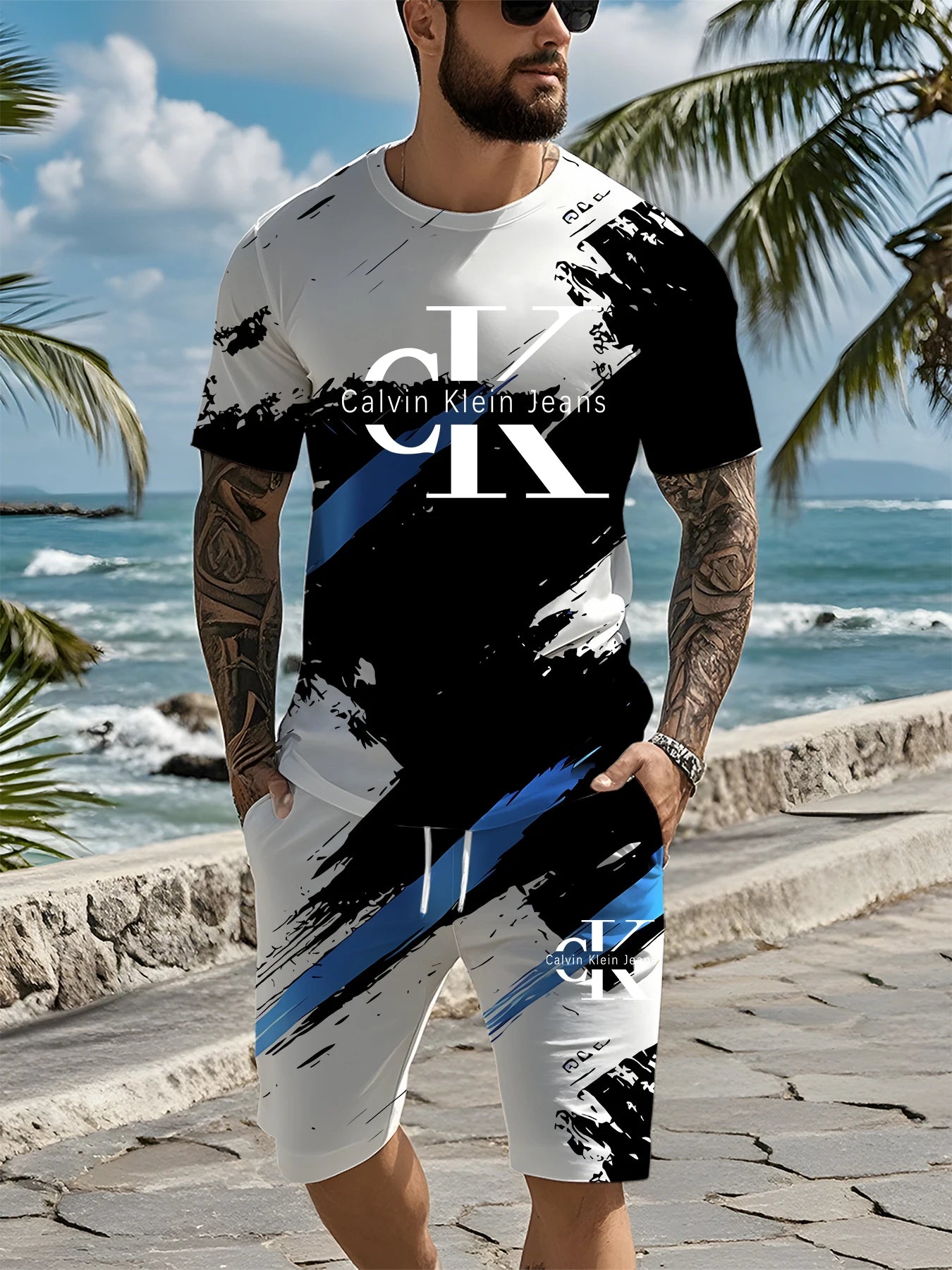 2025 Summer New Outdoor Leisure Comfortable Soft Breathable Lightweight round Neck Men'S T-Shirt Shorts Set