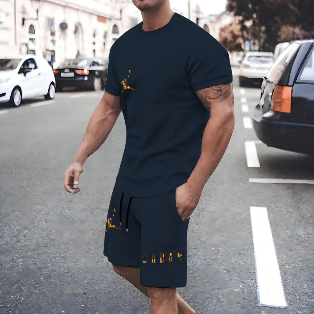 New Men'S Fashionable Casual Clothing Summer Sports round Neck Short-Sleeved T-Shirt and Drawstring Shorts Breathable Suit