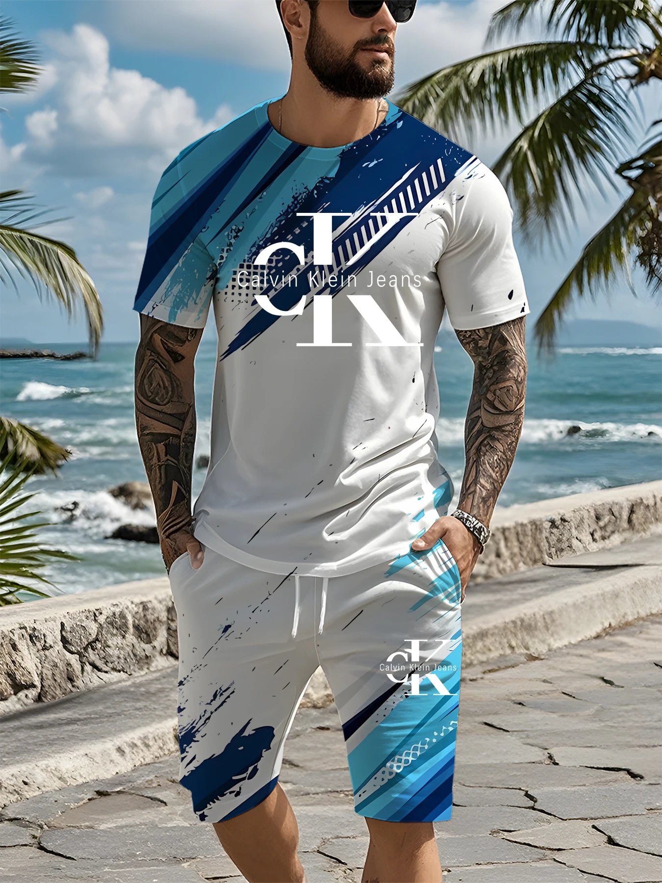 2025 Summer New Outdoor Leisure Comfortable Soft Breathable Lightweight round Neck Men'S T-Shirt Shorts Set